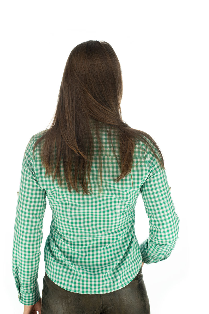 OS Trachten Trachtenbluse Damen Langarm Karo Grün – Baumwollmix - Fasnacht24.ch