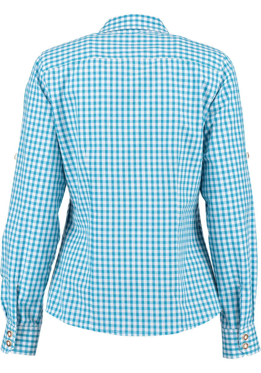 OS Trachten Trachtenbluse Damen Langarm – Türkis Kariert, Baumwolle - Fasnacht24.ch