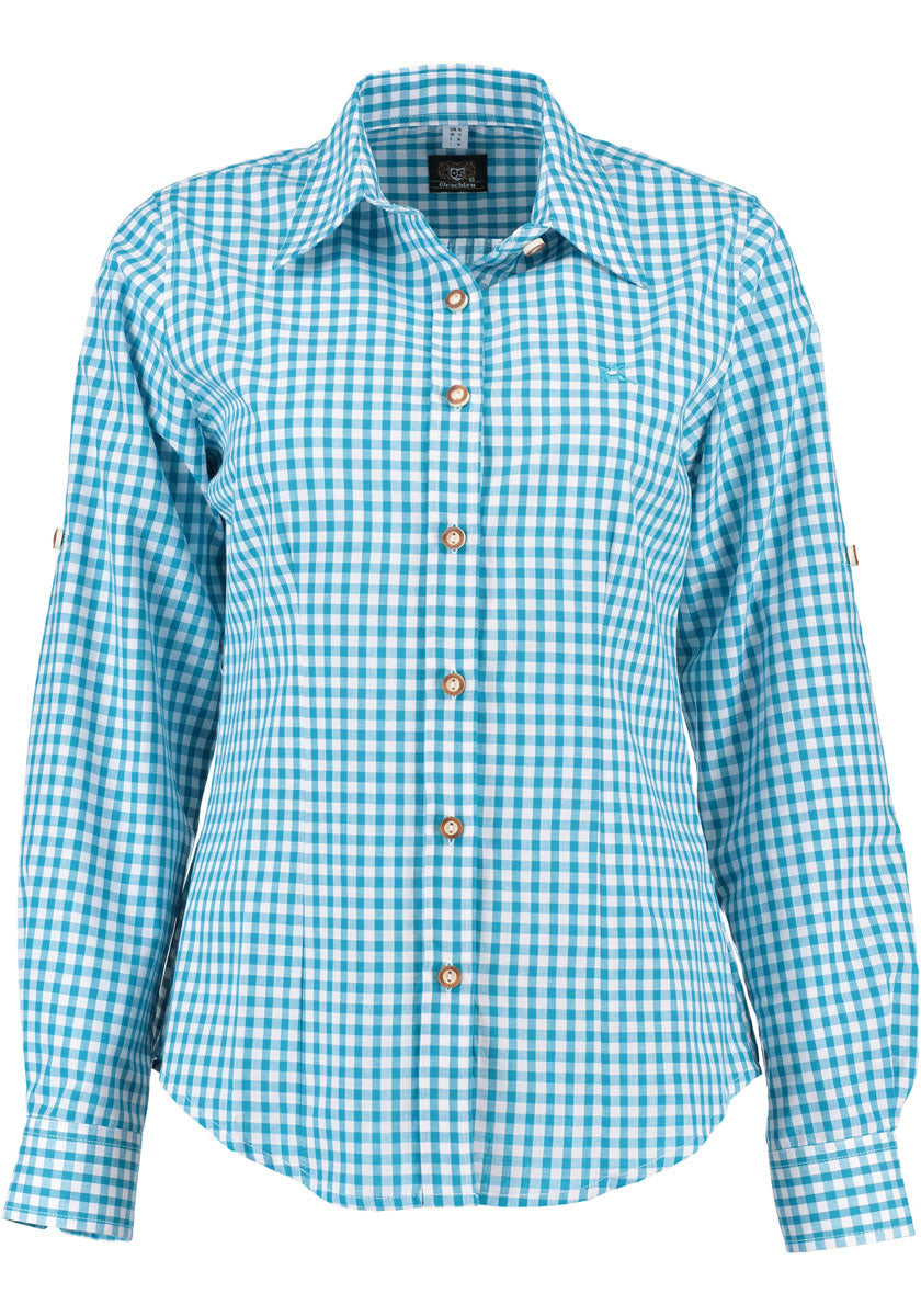 OS Trachten Trachtenbluse Damen Langarm – Türkis Kariert, Baumwolle - Fasnacht24.ch