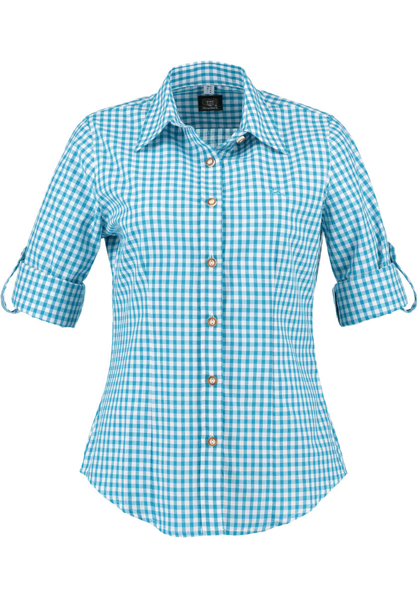 OS Trachten Trachtenbluse Damen Langarm – Türkis Kariert, Baumwolle - Fasnacht24.ch