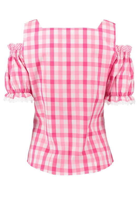 Damenbluse OS Trachten – Carmenstyle Kurzarm Bluse Pink Rüschen - Fasnacht24.ch