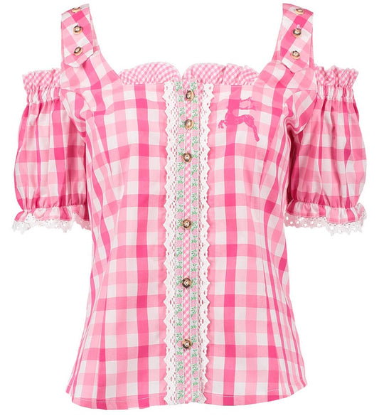 Damenbluse OS Trachten – Carmenstyle Kurzarm Bluse Pink Rüschen - Fasnacht24.ch