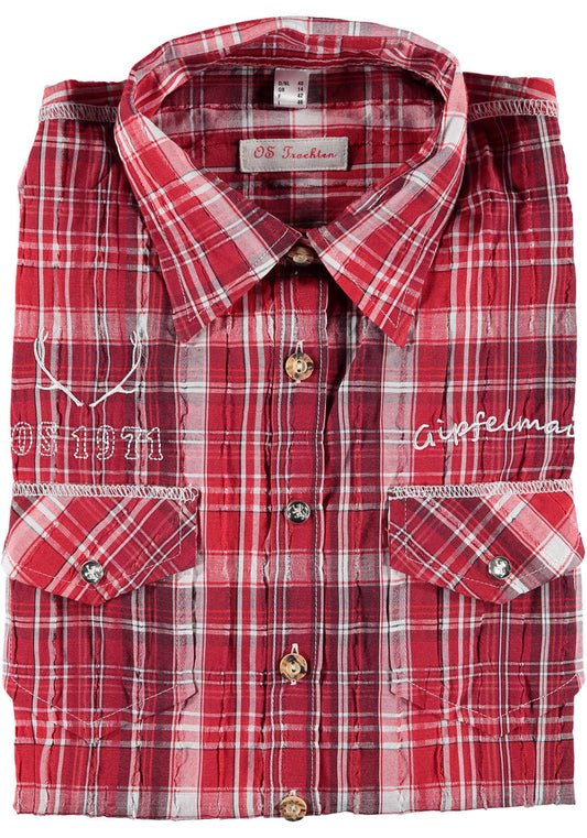 OS Trachten Damenbluse Seersucker Rot mit Alpenstickerei – Roll-Up Ärmel - Fasnacht24.ch