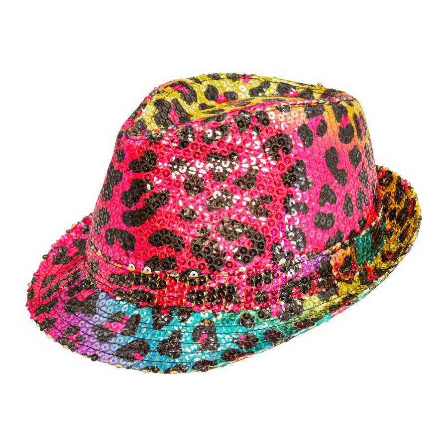 "PAILLETTEN FEDORA IN LEOPARDENMUSTER REGENBOGEN" – Vorderansicht
