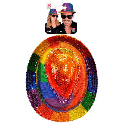 "PAILLETTEN FEDORA IN REGENBOGEN MUSTER" – Detailansicht
