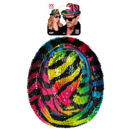 "PAILLETTEN FEDORA IN TIGERMUSTER REGENBOGEN" – Detailansicht