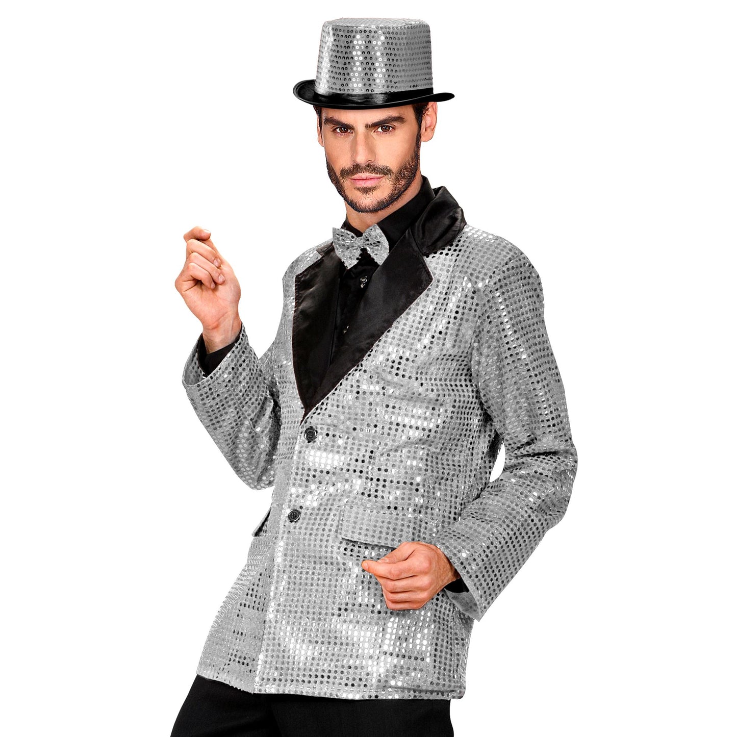 "PAILLETTENJACKE MIT KRAGEN AUS SATIN - SILBER" – Vorderansicht