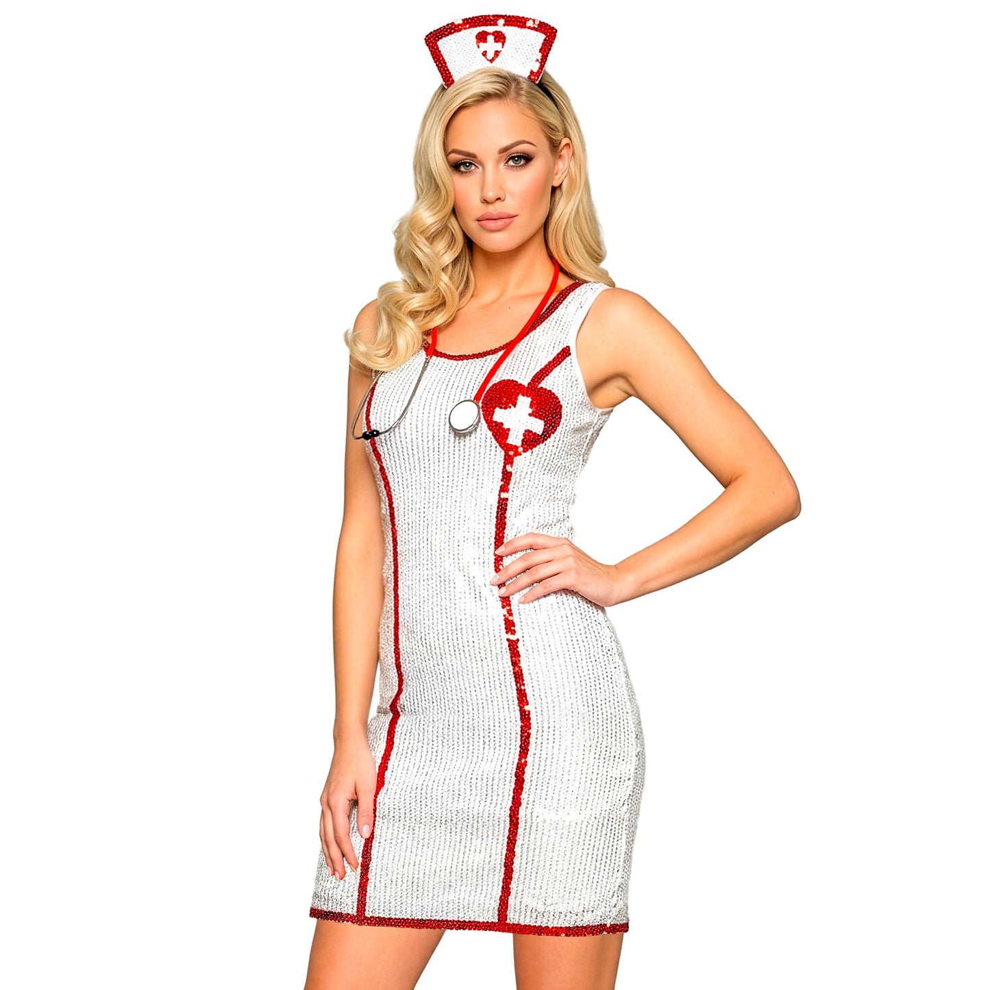 "PAILLETTENKLEID KRANKENSCHWESTER" (Kleid, Haube) – Vorderansicht