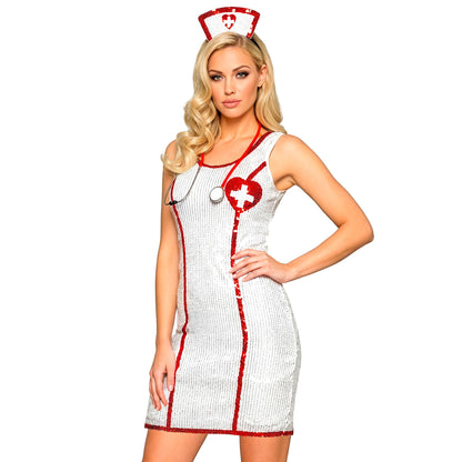 "PAILLETTENKLEID KRANKENSCHWESTER" (Kleid, Haube) – Vorderansicht