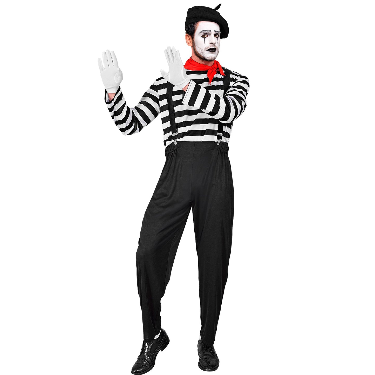 "PANTOMIME" (Oberteil, Hose, Hosenträger, Halstuch, Handschuhe, Mütze) – Vorderansicht