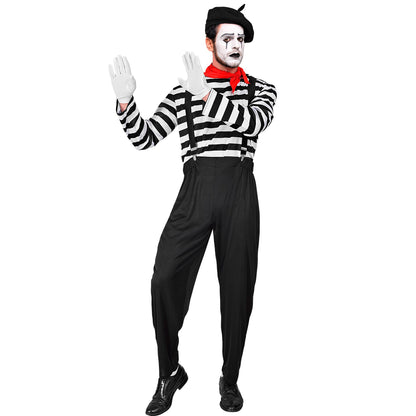 "PANTOMIME" (Oberteil, Hose, Hosenträger, Halstuch, Handschuhe, Mütze) – Vorderansicht
