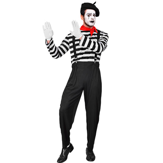 "PANTOMIME" (Oberteil, Hose, Hosenträger, Halstuch, Handschuhe, Mütze) – Vorderansicht