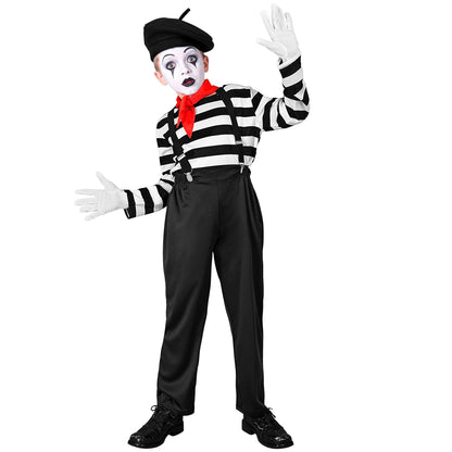 "PANTOMIME" (Oberteil, Hose, Hosenträger, Halstuch, Handschuhe, Mütze) – Vorderansicht