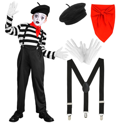 "PANTOMIME" (Oberteil, Hose, Hosenträger, Halstuch, Handschuhe, Mütze) – Detailansicht