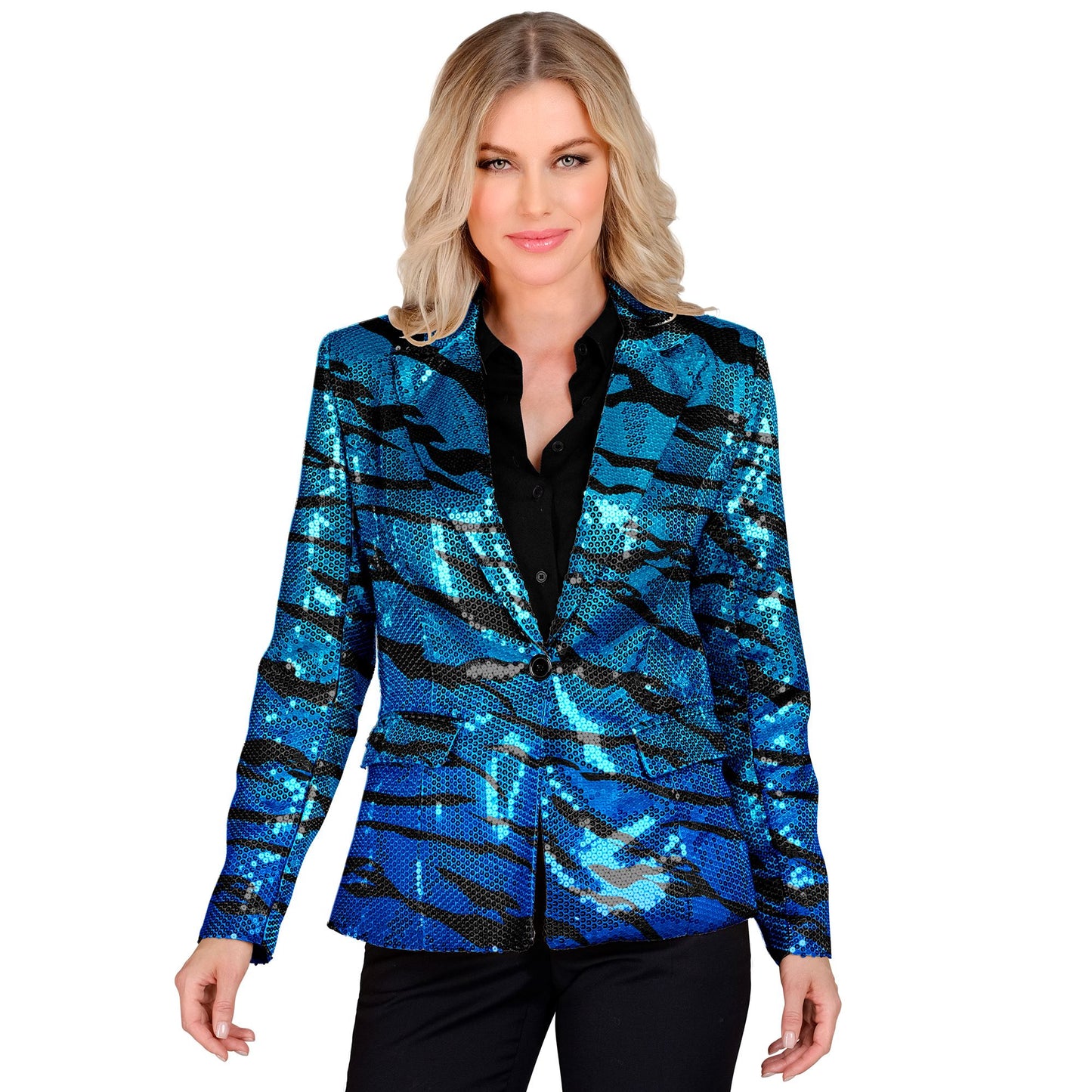 "PARTY FASHION BLAZER" (Pailletten Blazer in blue waves Muster) – Vorderansicht