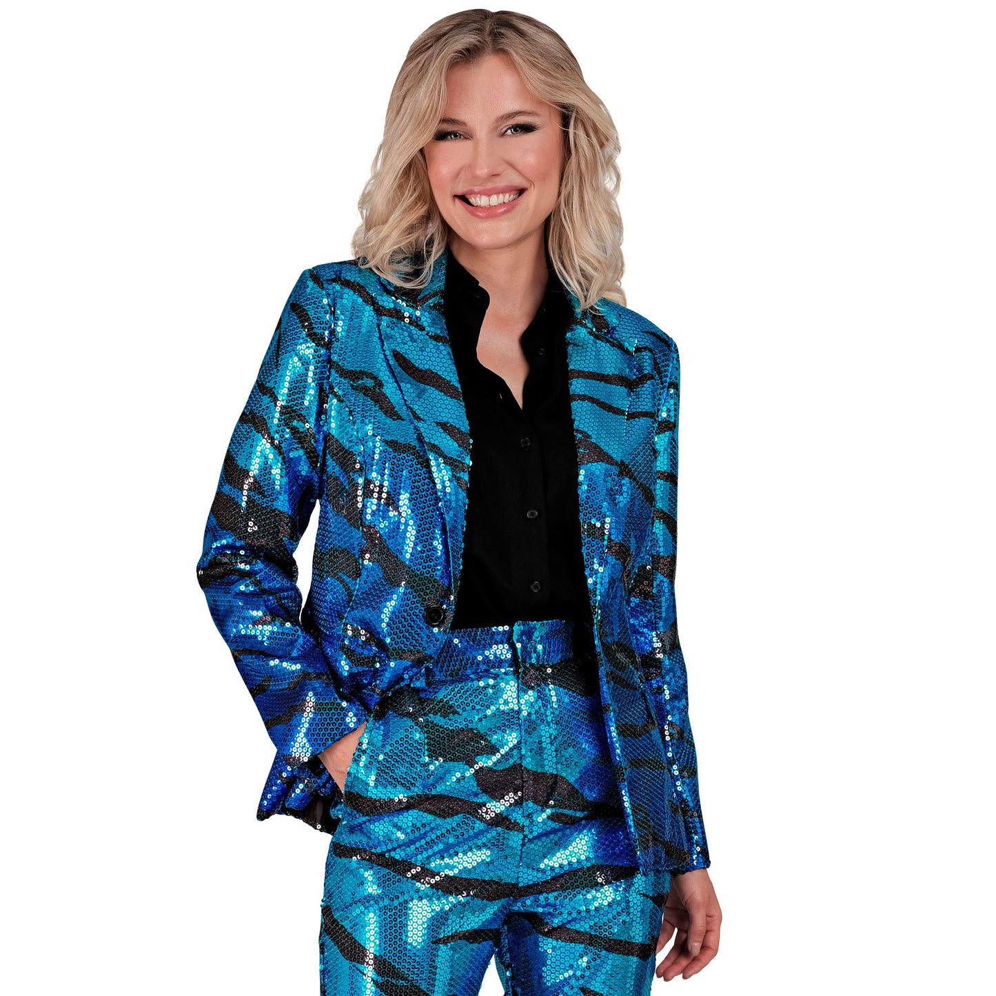 "PARTY FASHION BLAZER" (Pailletten Blazer in blue waves Muster) – Ansicht 3