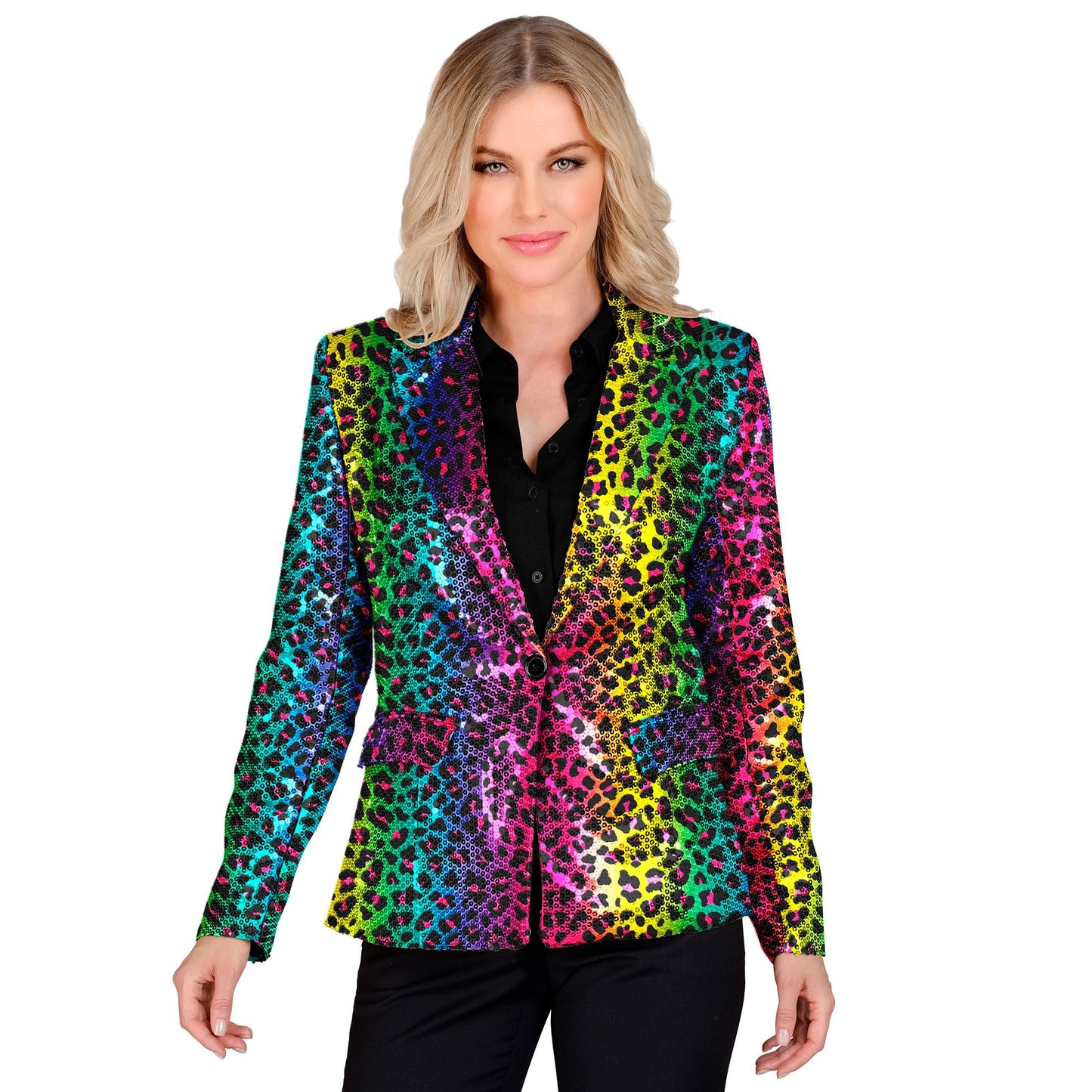 "PARTY FASHION BLAZER" (Pailletten Blazer in Leopardenmuster Regenbogen) – Vorderansicht