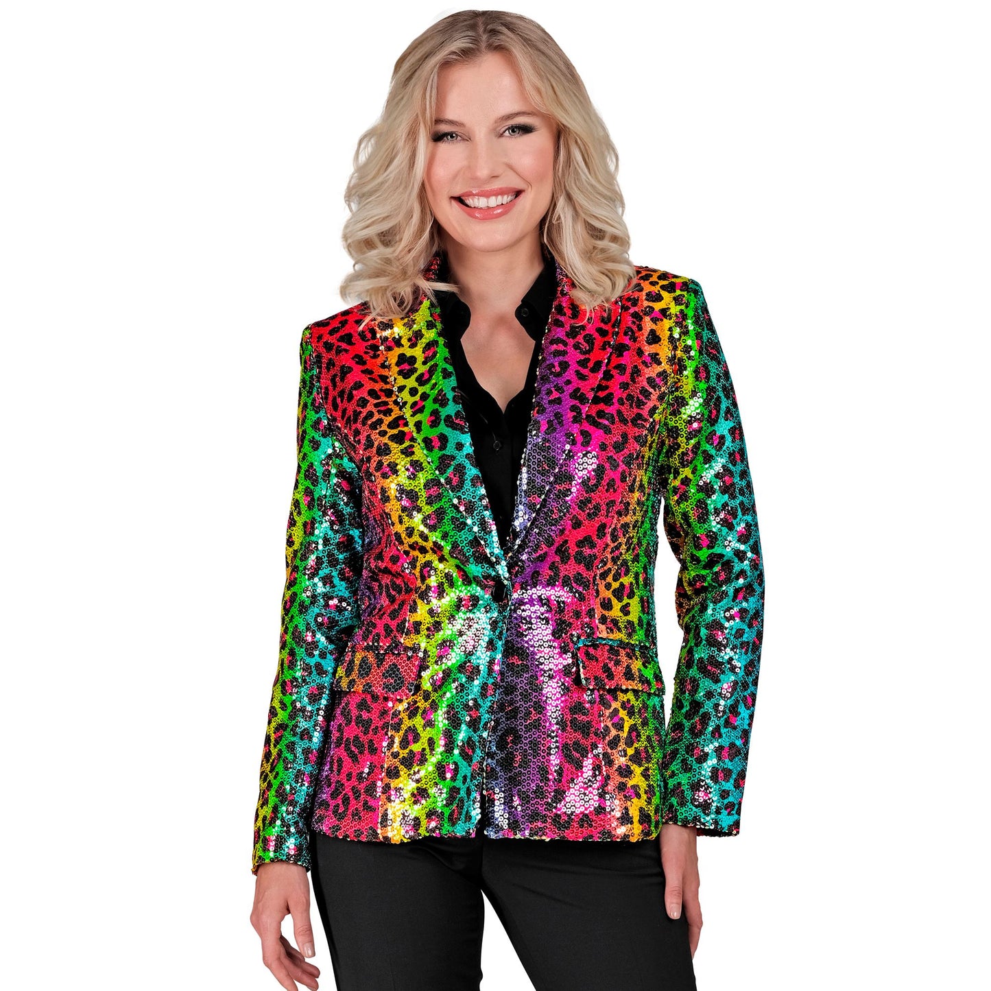 "PARTY FASHION BLAZER" (Pailletten Blazer in Leopardenmuster Regenbogen) – Detailansicht