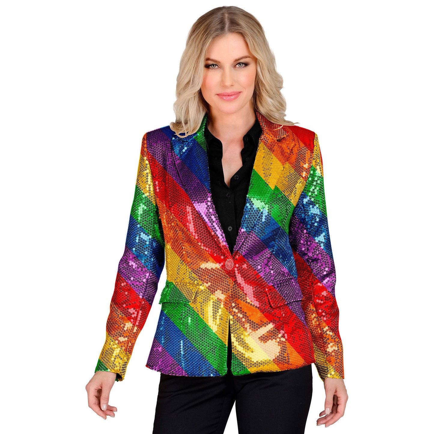 "PARTY FASHION BLAZER" (Pailletten Blazer in Regenbogen Muster) – Vorderansicht