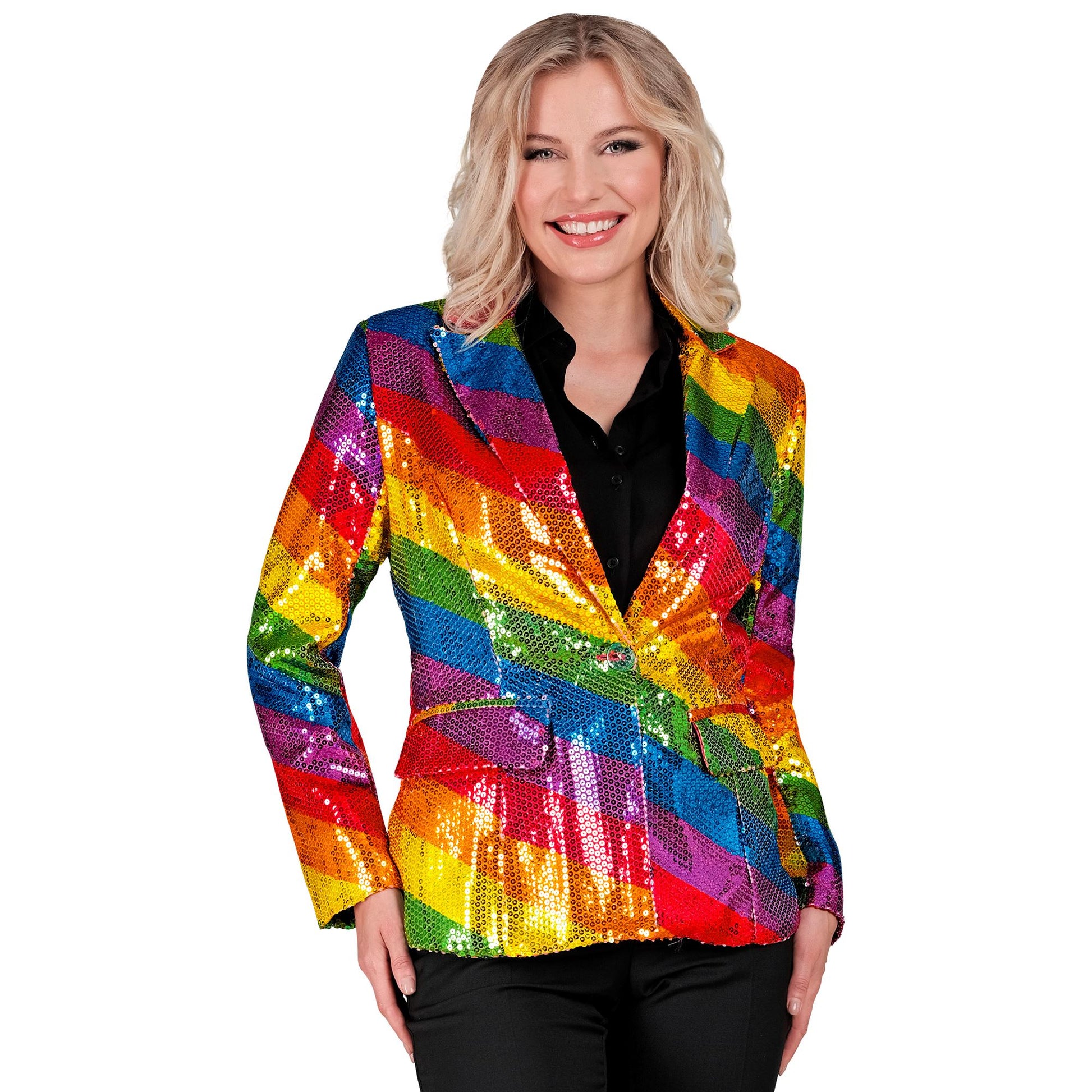 "PARTY FASHION BLAZER" (Pailletten Blazer in Regenbogen Muster) – Detailansicht