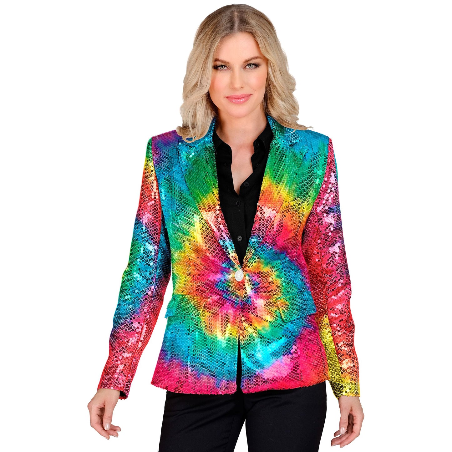 "PARTY FASHION BLAZER" (Pailletten Blazer in Tie-Dye Muster) – Vorderansicht