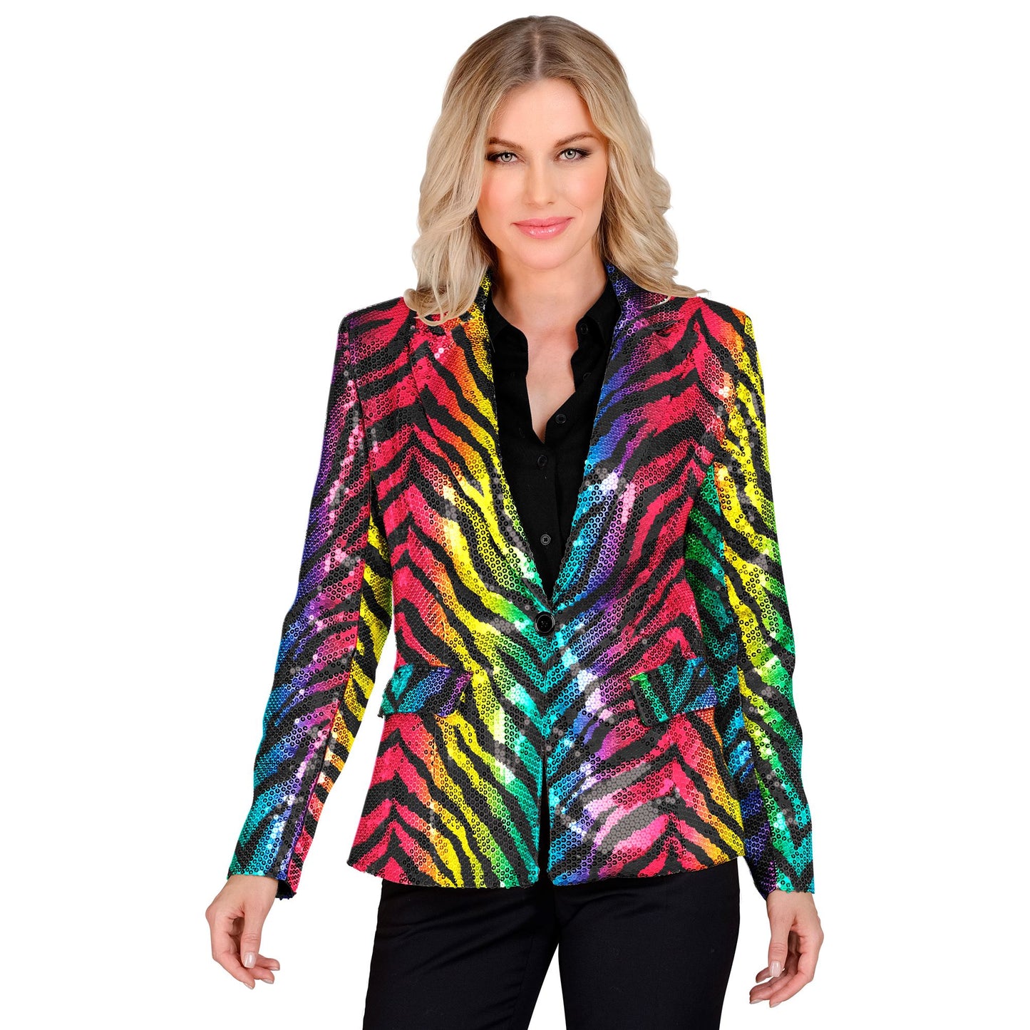 "PARTY FASHION BLAZER" (Pailletten Blazer in Tigermuster Regenbogen) – Vorderansicht