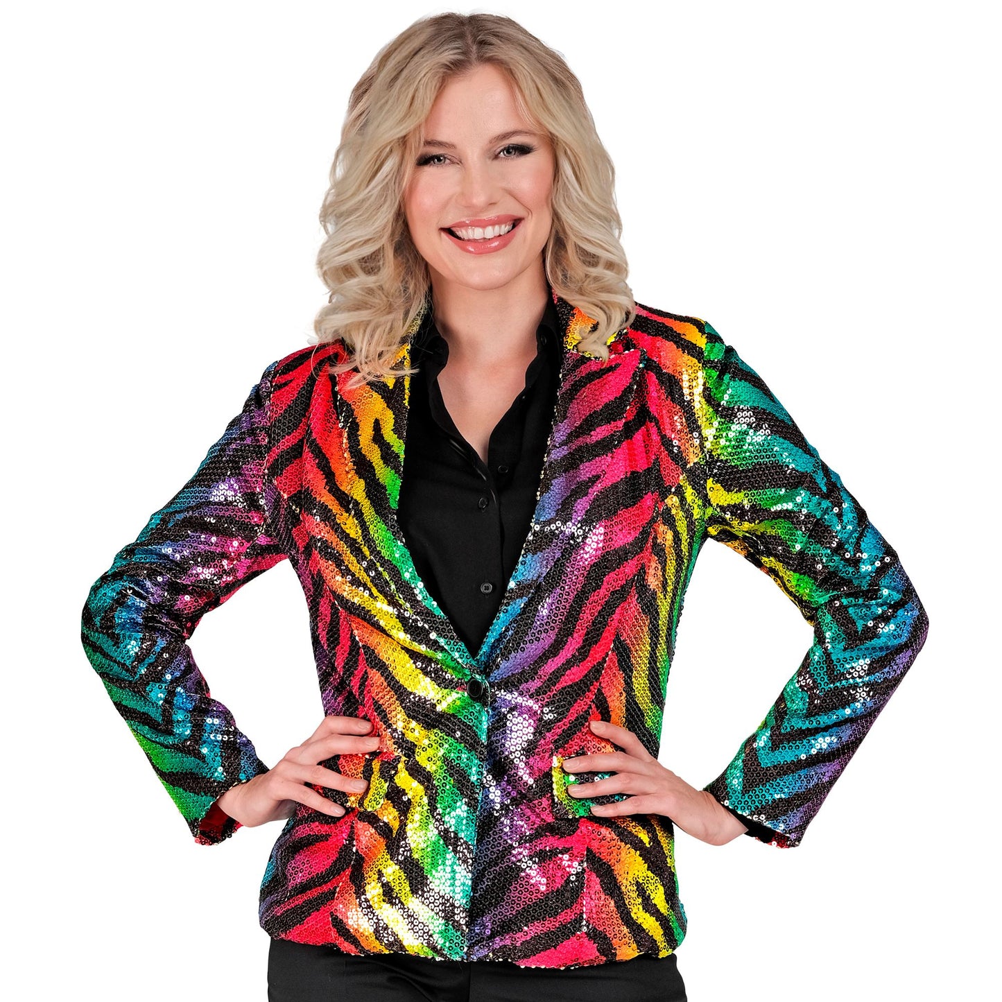 "PARTY FASHION BLAZER" (Pailletten Blazer in Tigermuster Regenbogen) – Detailansicht
