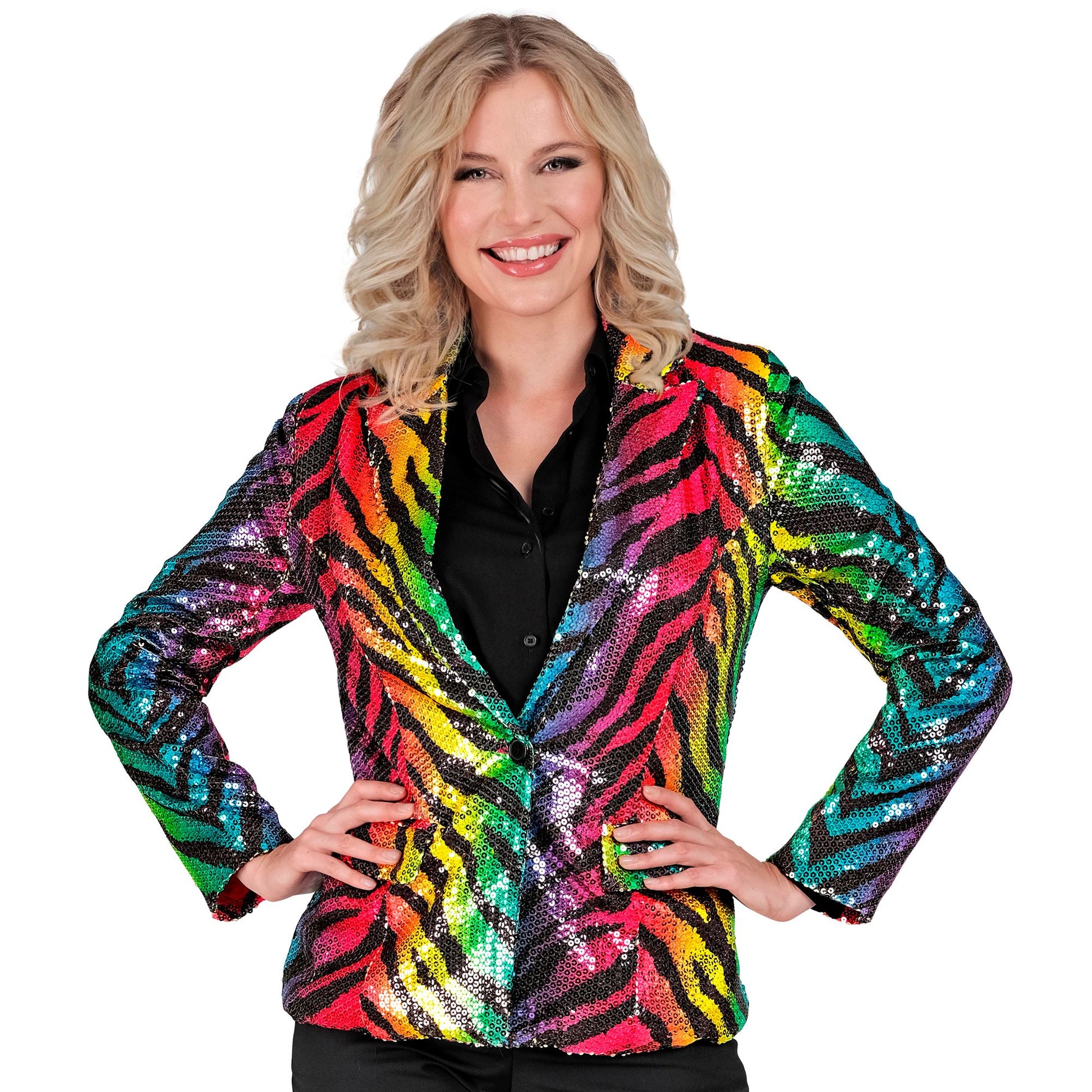 "PARTY FASHION BLAZER" (Pailletten Blazer in Tigermuster Regenbogen) – Detailansicht