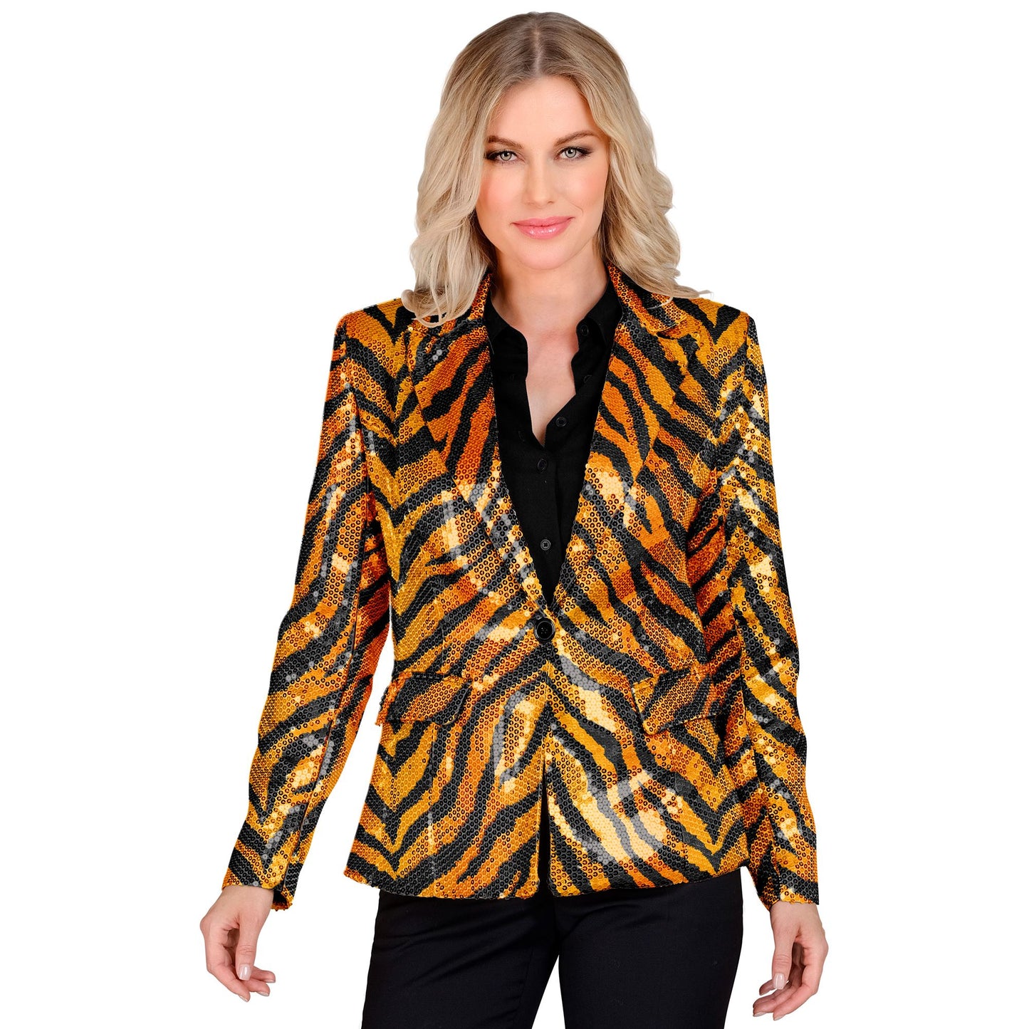 "PARTY FASHION BLAZER" (Pailletten Blazer in Tigermuster) – Vorderansicht