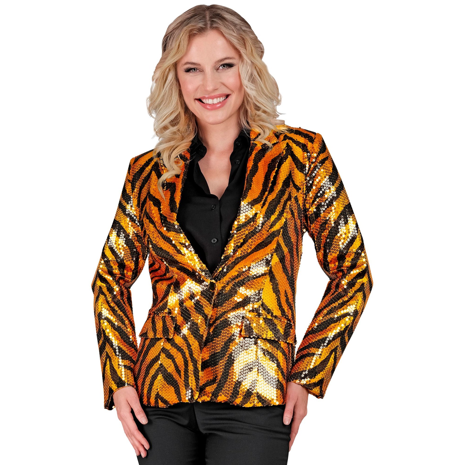 "PARTY FASHION BLAZER" (Pailletten Blazer in Tigermuster) – Detailansicht