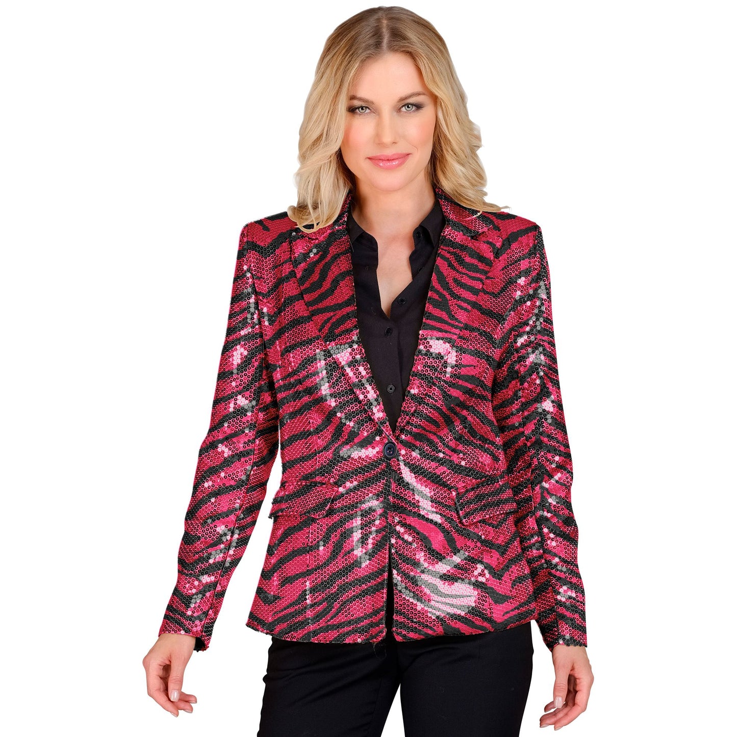 "PARTY FASHION BLAZER" (Pailletten Blazer in Zebramuster pink) – Vorderansicht