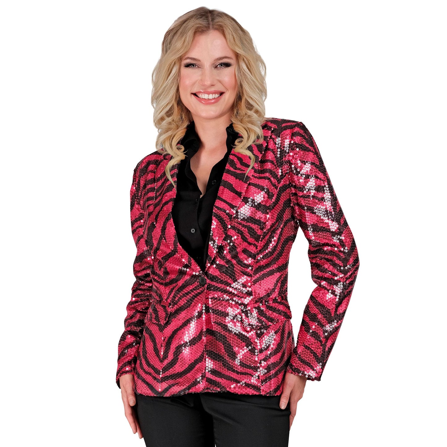 "PARTY FASHION BLAZER" (Pailletten Blazer in Zebramuster pink) – Detailansicht