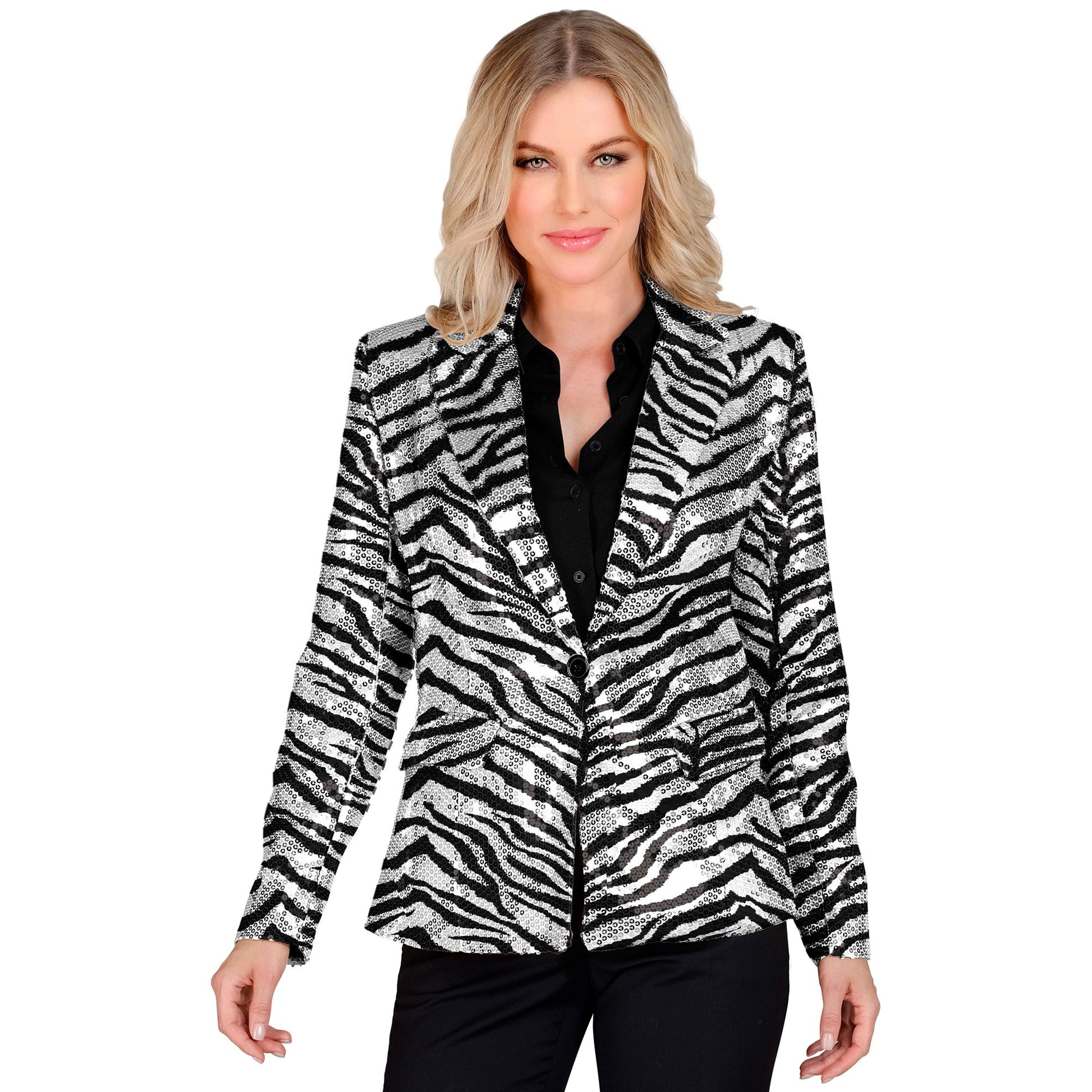"PARTY FASHION BLAZER" (Pailletten Blazer in Zebramuster) – Vorderansicht