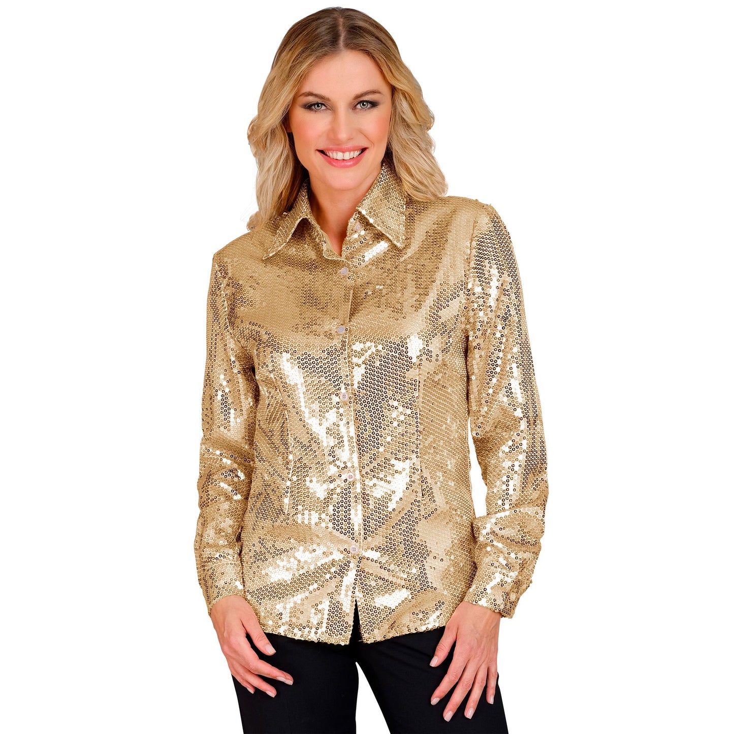 "PARTY FASHION BLUSE" (Paillettenbluse gold) – Vorderansicht