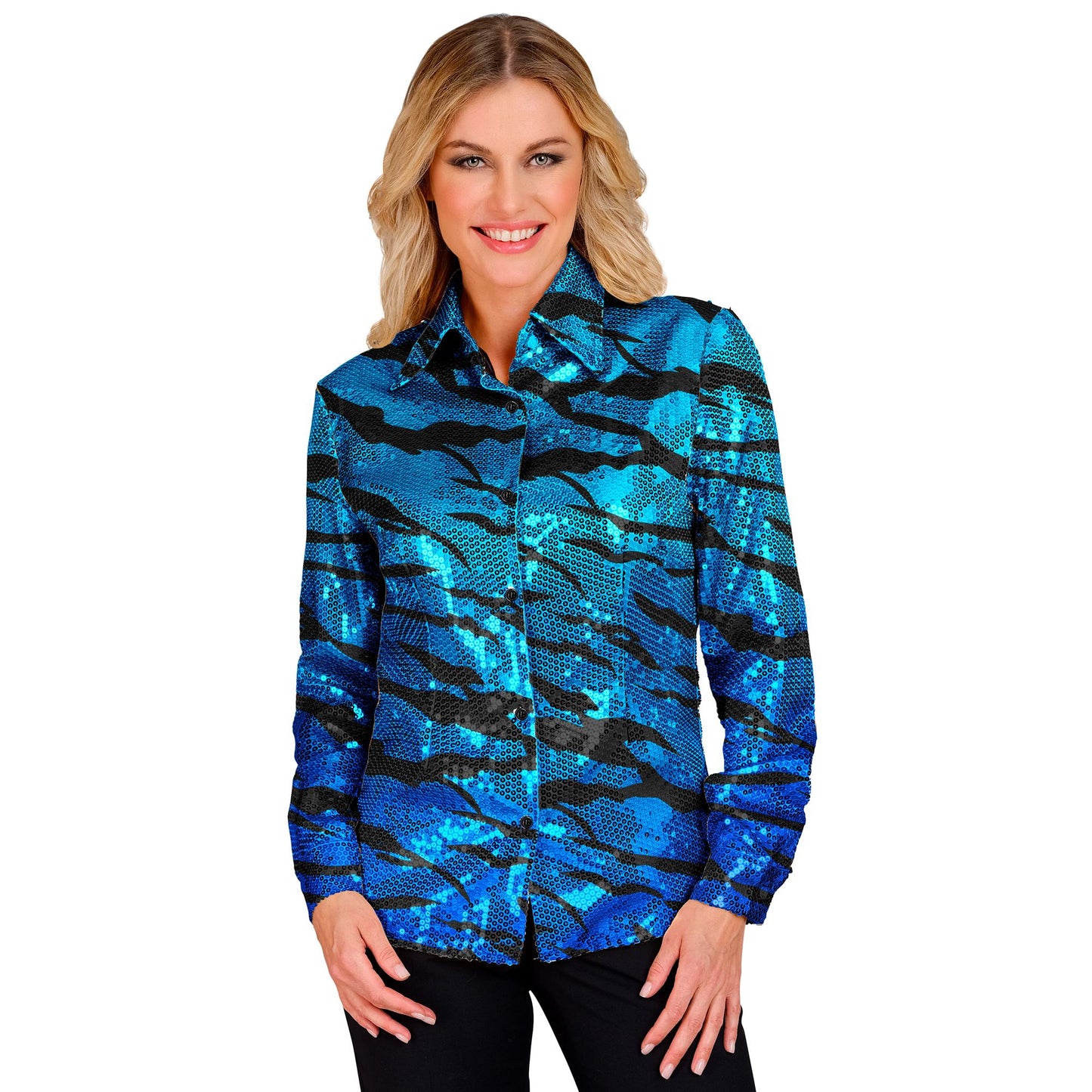 "PARTY FASHION BLUSE" (Paillettenbluse in blue waves Muster) – Vorderansicht
