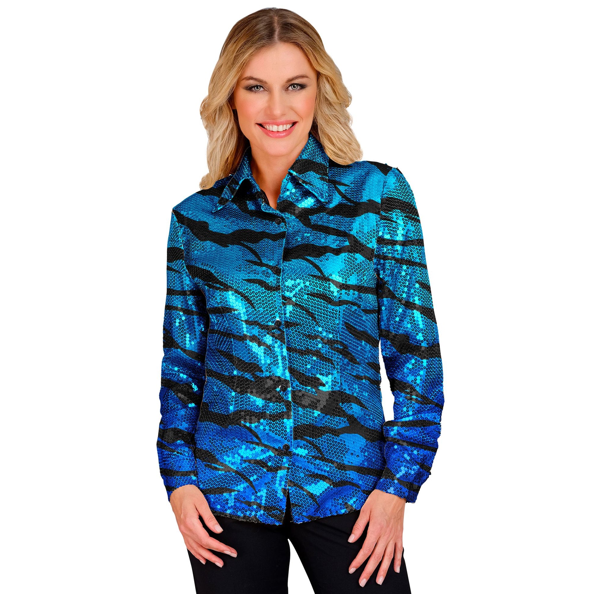 "PARTY FASHION BLUSE" (Paillettenbluse in blue waves Muster) – Vorderansicht
