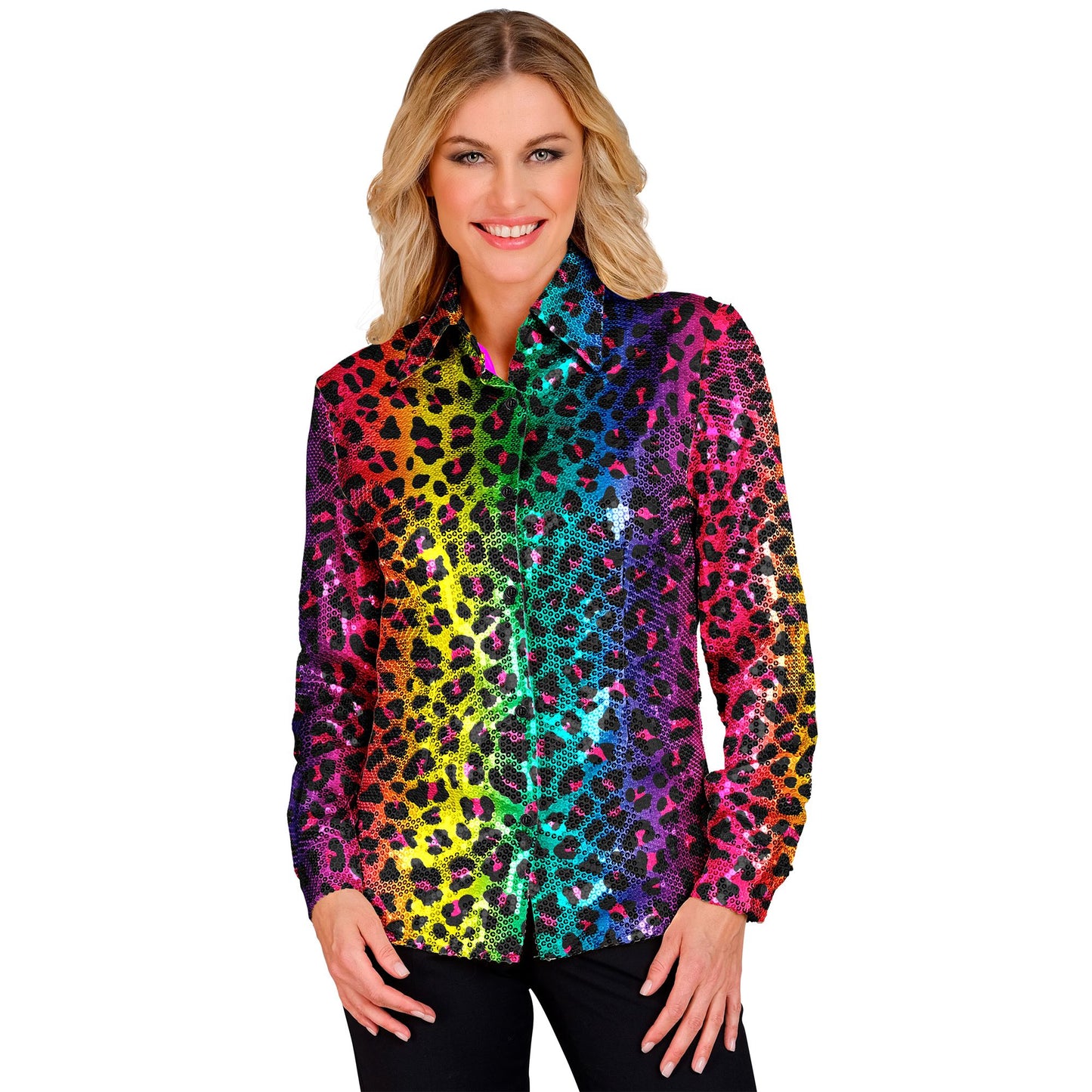 "PARTY FASHION BLUSE" (Paillettenbluse in Leopardenmuster Regenbogen) – Vorderansicht