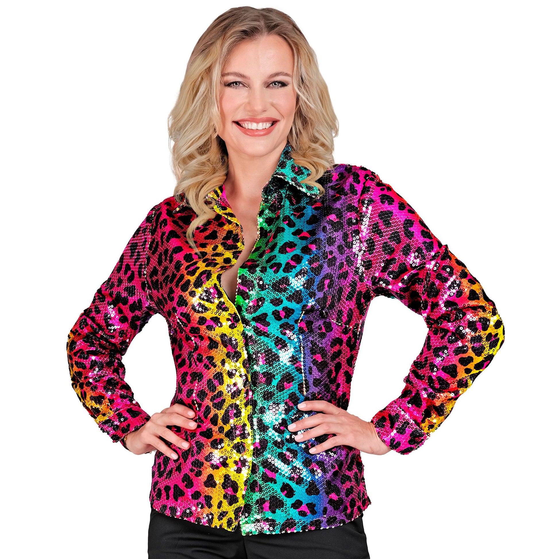 "PARTY FASHION BLUSE" (Paillettenbluse in Leopardenmuster Regenbogen) – Detailansicht