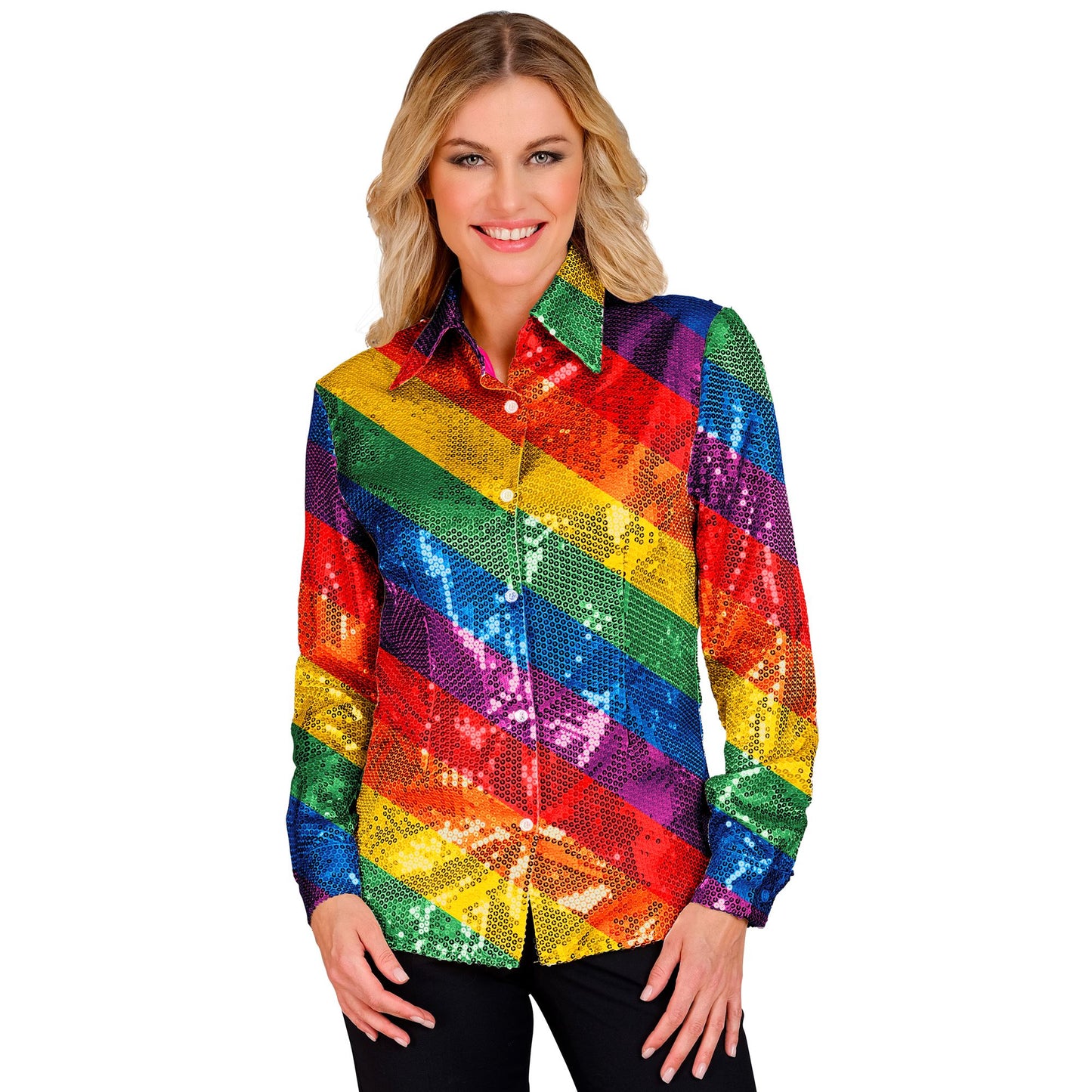 "PARTY FASHION BLUSE" (Paillettenbluse in Regenbogen Muster) – Vorderansicht