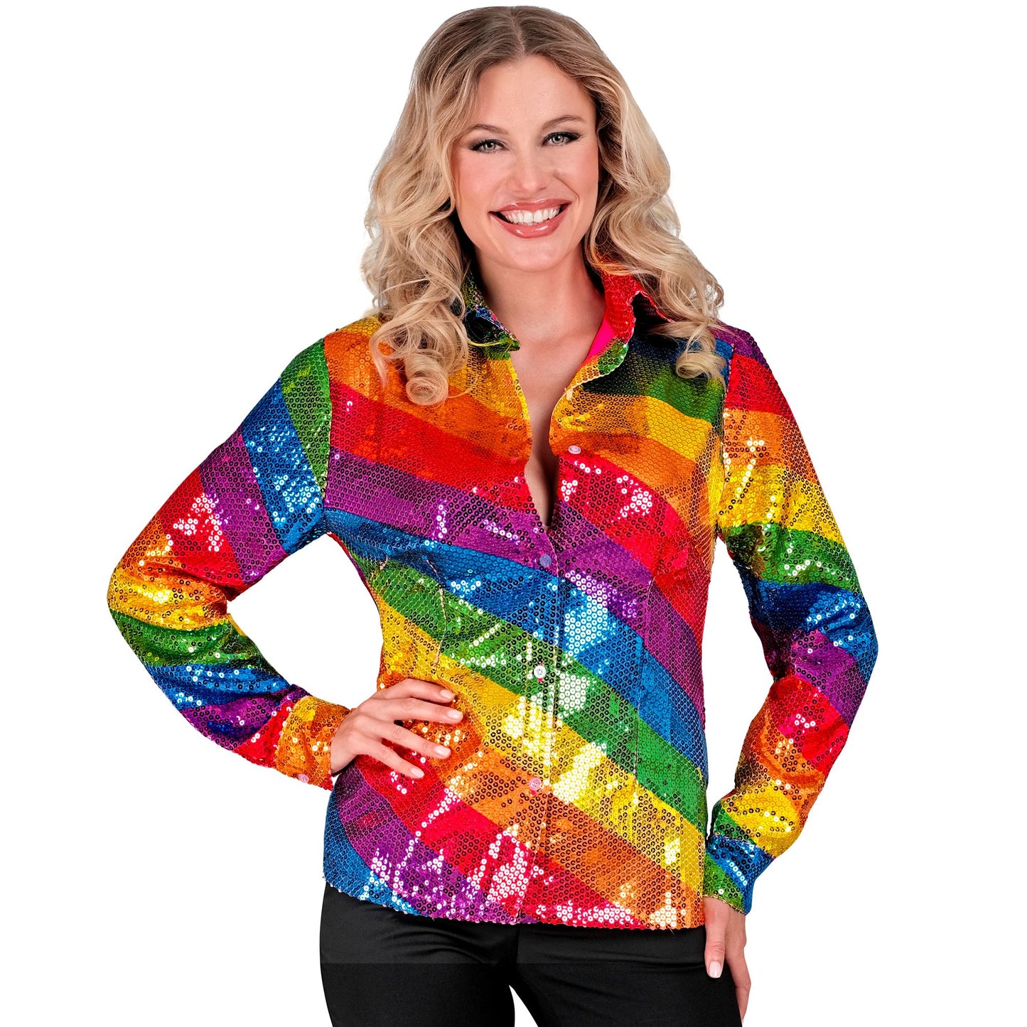 "PARTY FASHION BLUSE" (Paillettenbluse in Regenbogen Muster) – Detailansicht