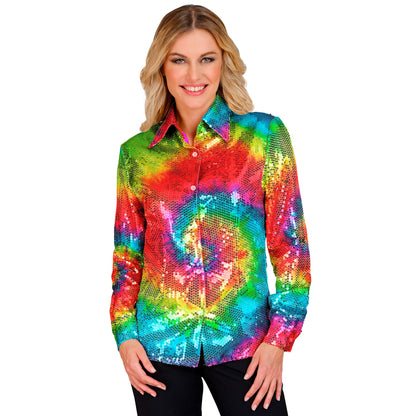 "PARTY FASHION BLUSE" (Paillettenbluse in Tie-Dye Muster) – Vorderansicht