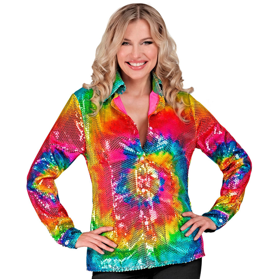 "PARTY FASHION BLUSE" (Paillettenbluse in Tie-Dye Muster) – Detailansicht