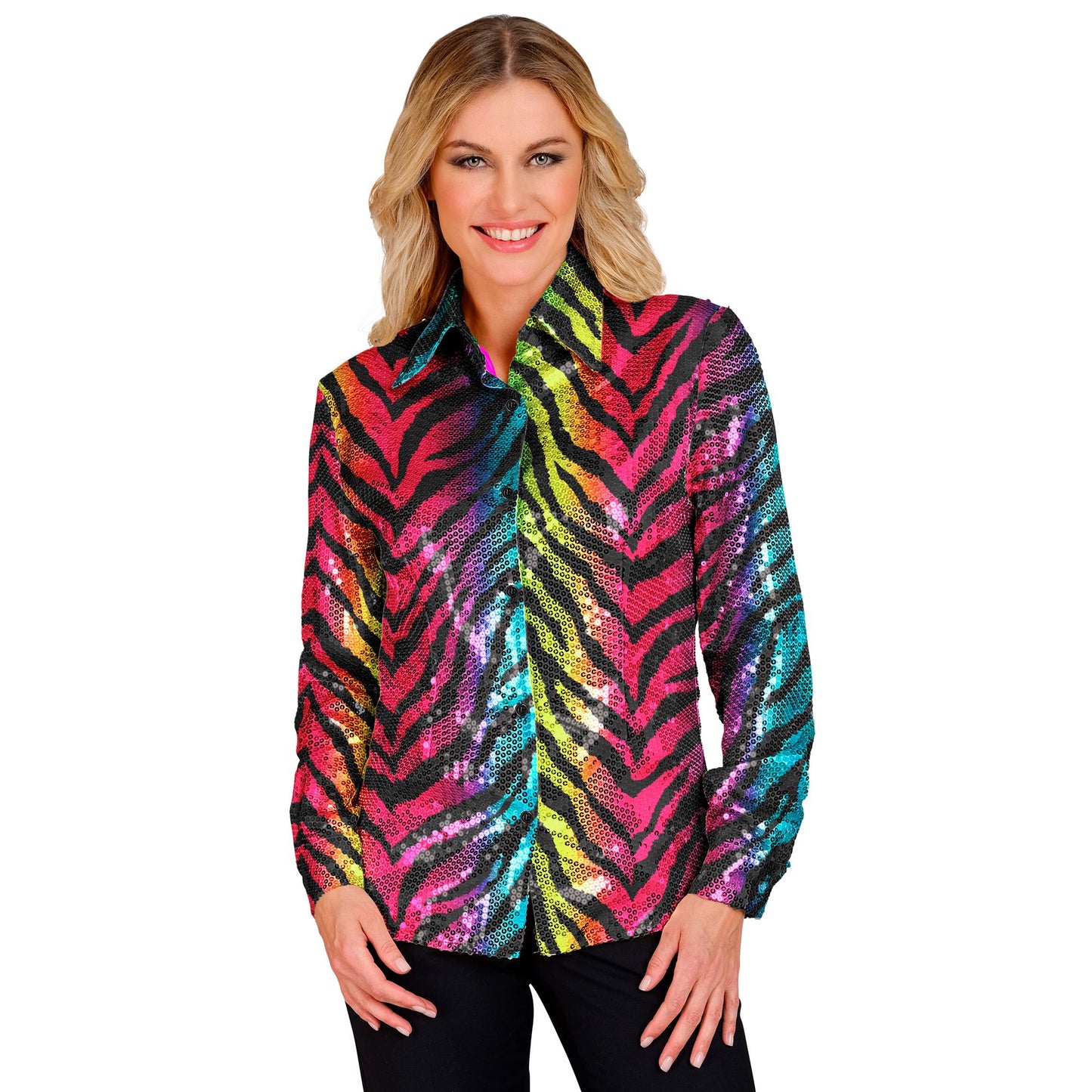 "PARTY FASHION BLUSE" (Paillettenbluse in Tigermuster Regenbogen) – Vorderansicht