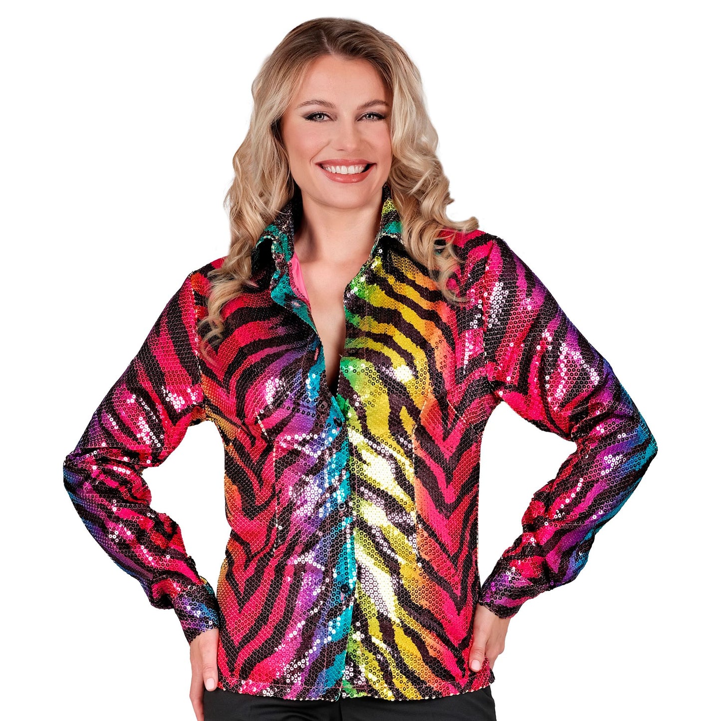 "PARTY FASHION BLUSE" (Paillettenbluse in Tigermuster Regenbogen) – Detailansicht