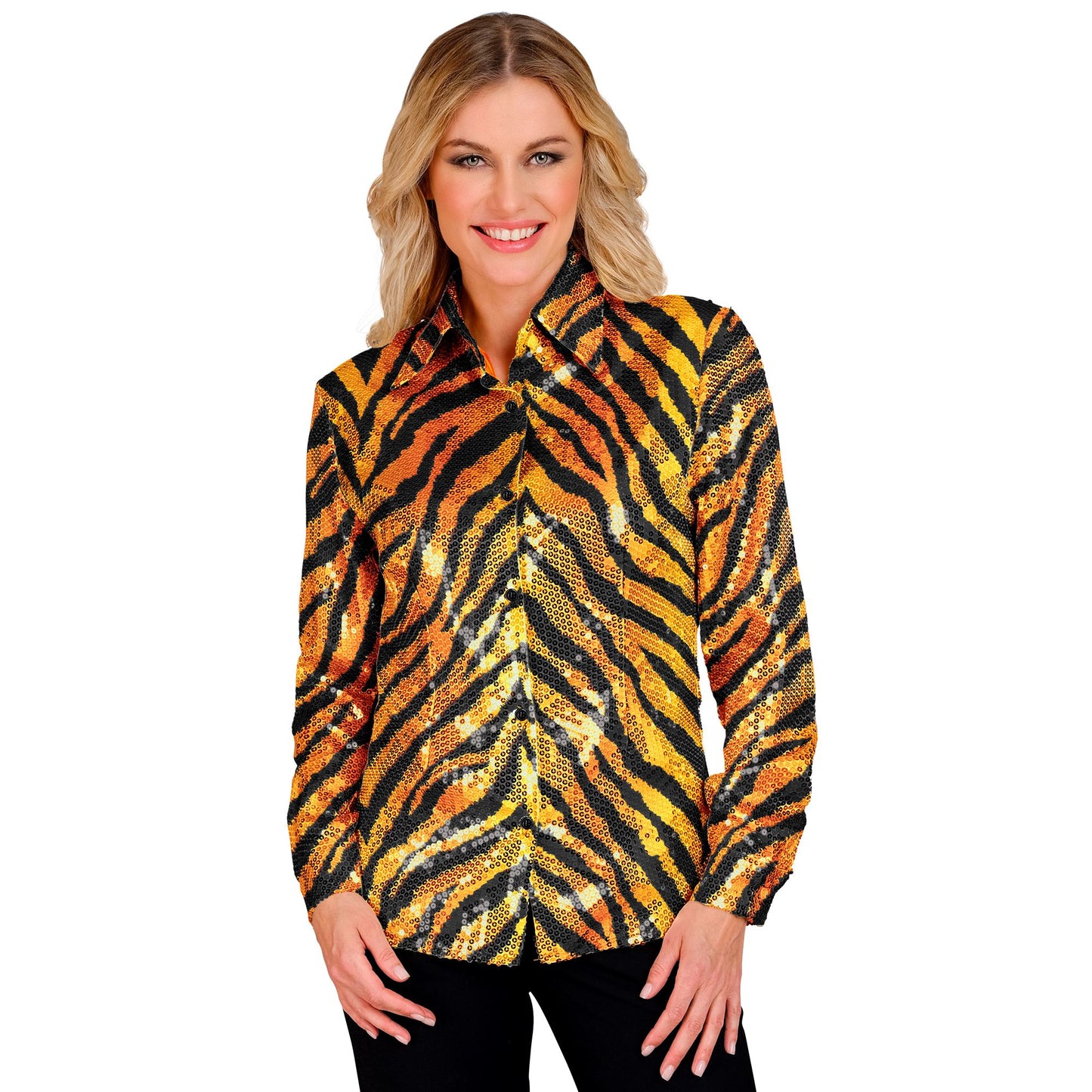 "PARTY FASHION BLUSE" (Paillettenbluse in Tigermuster) – Vorderansicht