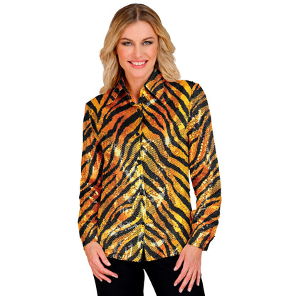 "PARTY FASHION BLUSE" (Paillettenbluse in Tigermuster) – Vorderansicht