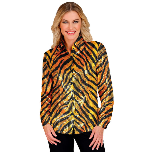 "PARTY FASHION BLUSE" (Paillettenbluse in Tigermuster) – Vorderansicht