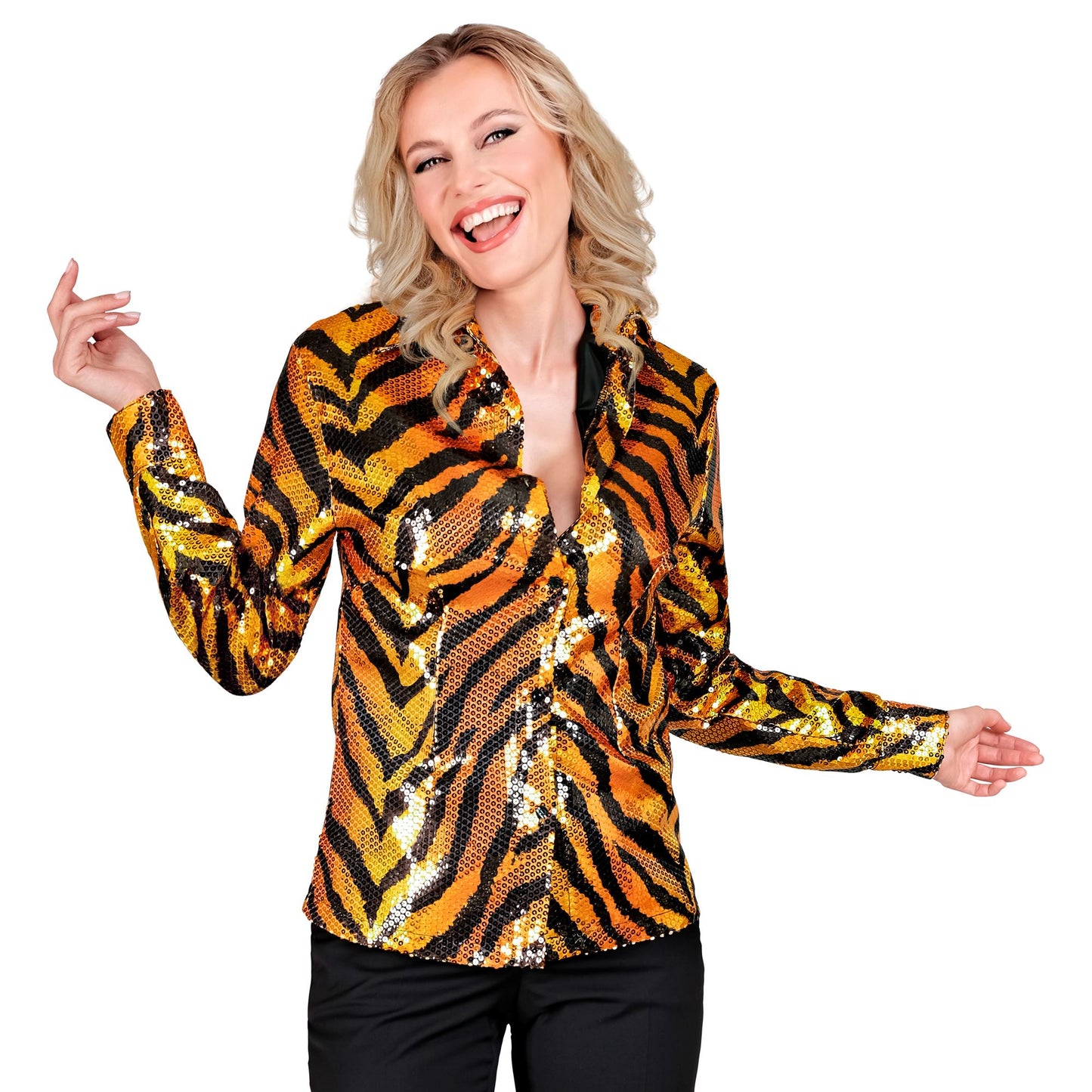 "PARTY FASHION BLUSE" (Paillettenbluse in Tigermuster) – Detailansicht
