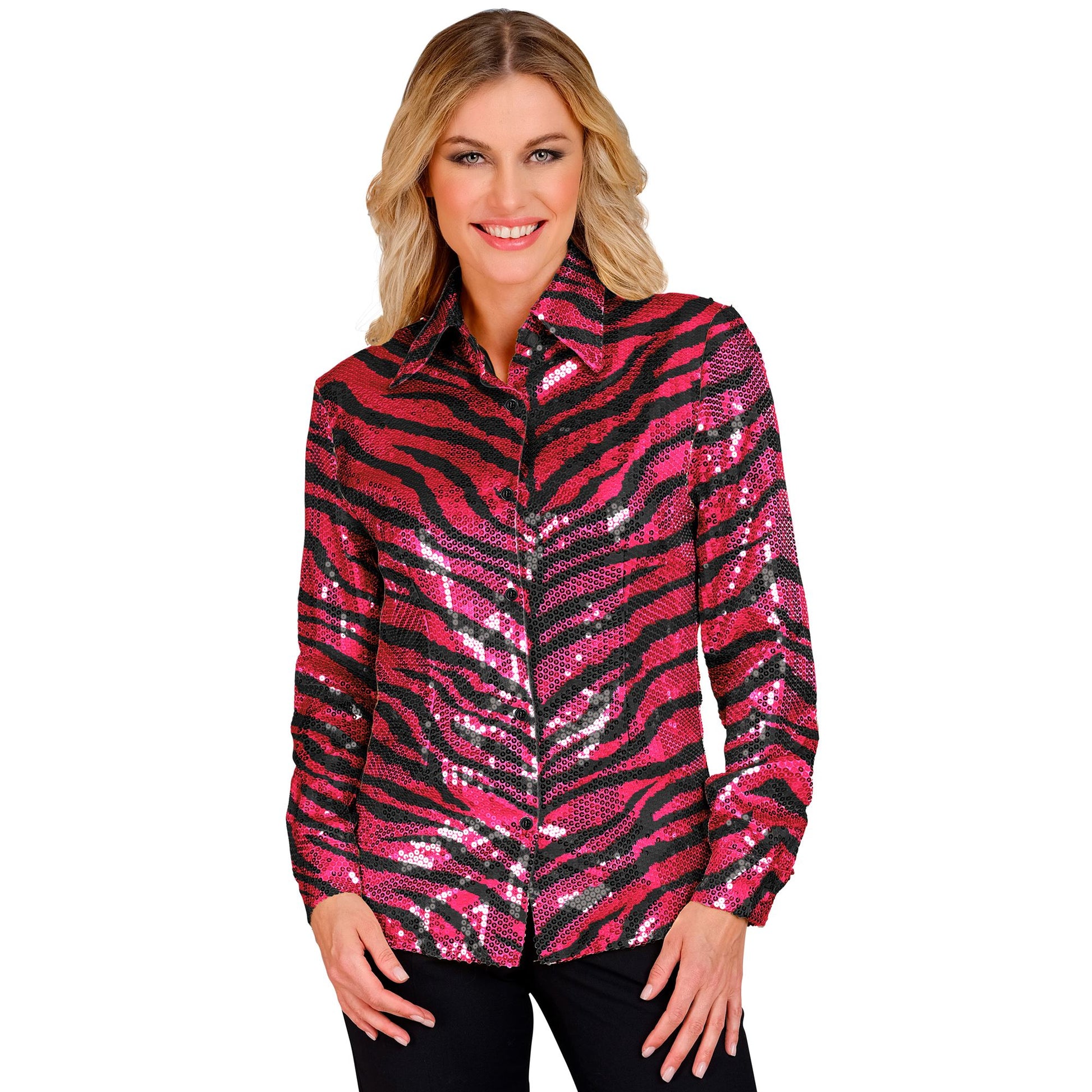 "PARTY FASHION BLUSE" (Paillettenbluse in Zebramuster pink) – Vorderansicht