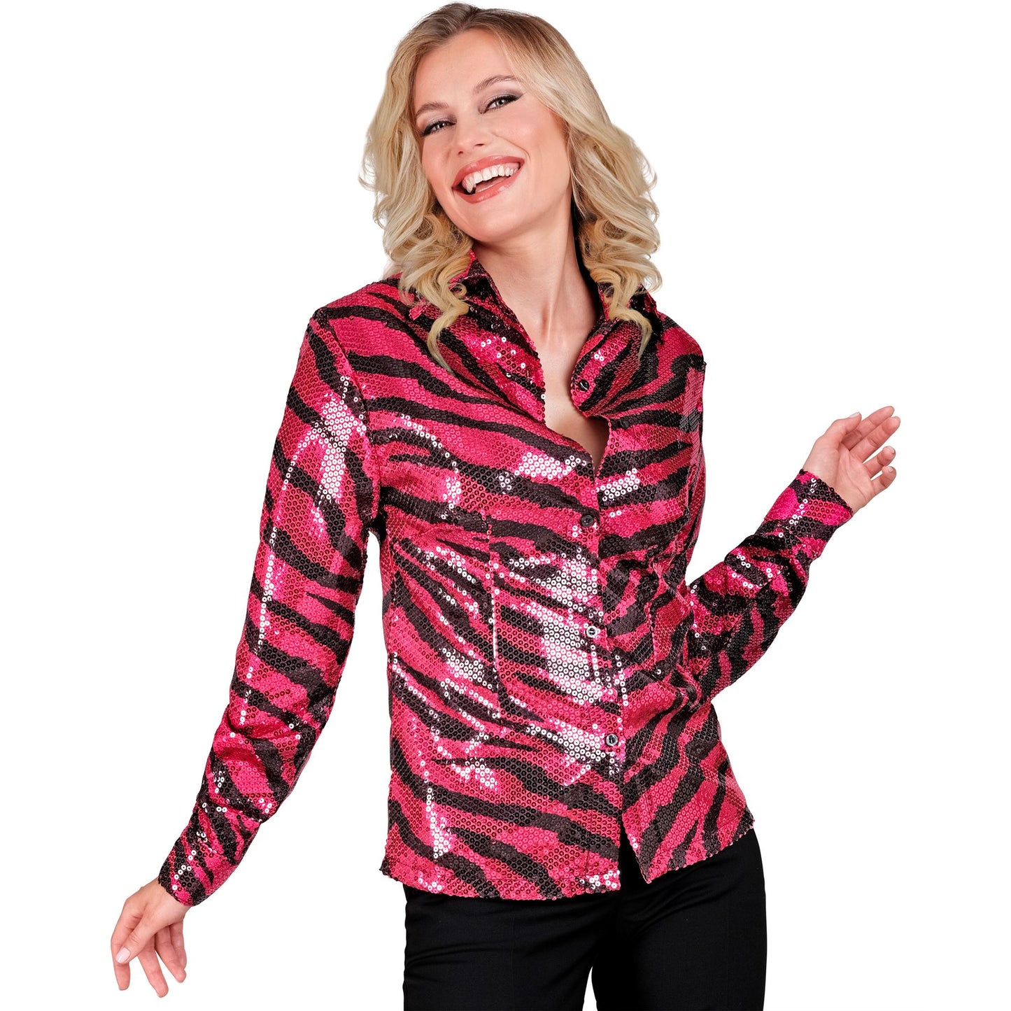 "PARTY FASHION BLUSE" (Paillettenbluse in Zebramuster pink) – Detailansicht